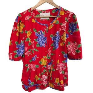 Vintage Richard Warren Silk Blouse Women Sz 10 Red Peplum 80s Glam Floral Girly